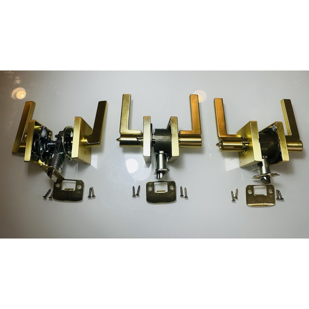Lot of 3 Modern Square Gold Lever Door Handles Satin Brass Lock Without Keys